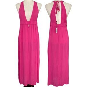 NEW SHADE & SHORE Pink Plunge Neck Swimsuit Cover Up Dress Double Slit Medium